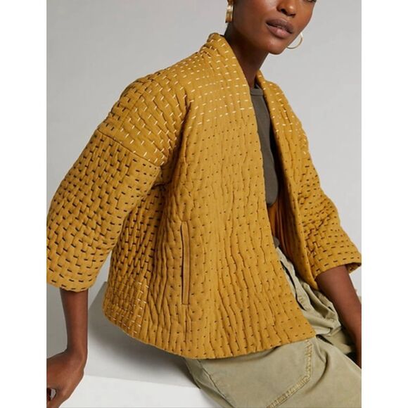 NWOT Neeru Kumar Rossi Quilted & Stitch Mustard Yellow Jacket Cardigan Women's L - Picture 1 of 11
